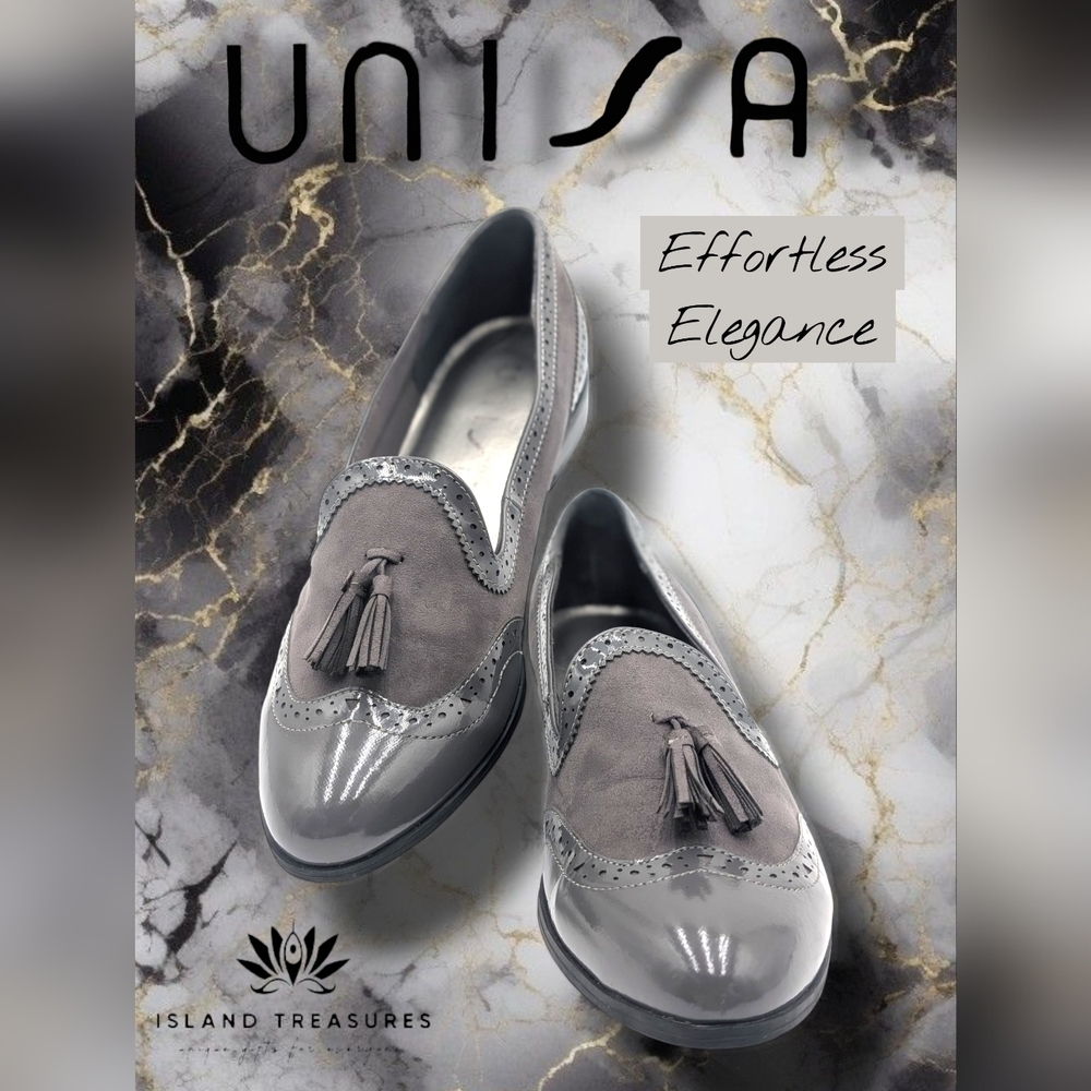 Unisa Unfinla Women's Size 9M Grey Suede Look Leather Sole Loafers with Tassels